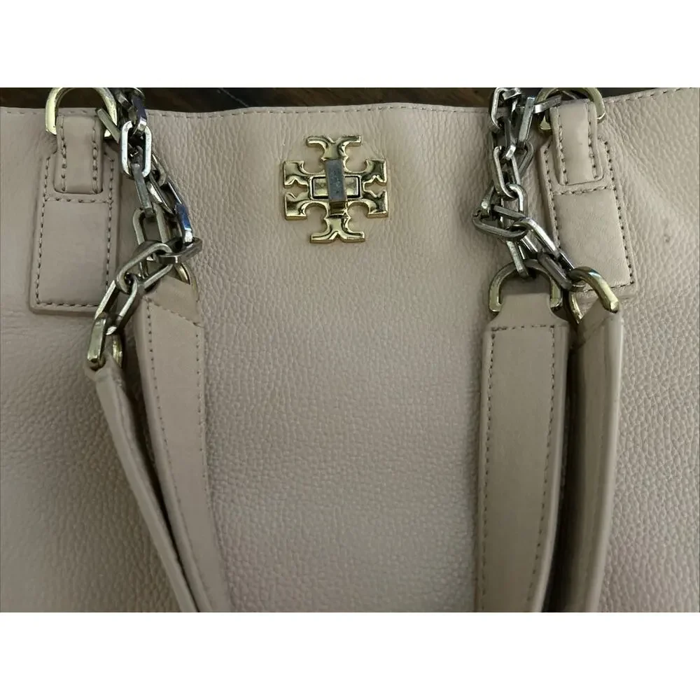 Tory Burch Britten Pebbled Leather Tote Bag Gold Chain Shoulder Bag Petal Pink
